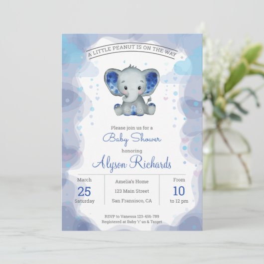 ネイビーエレファントウォーターカラーベビーシャワー招待状 招待状 (スタンド正面)