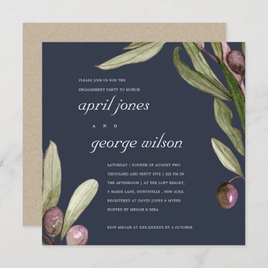 ネイビーオリーブ水カラーパープル婚約招待状 サンキューカード (正面/裏面)