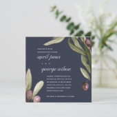 ネイビーオリーブ水カラーパープル婚約招待状 サンキューカード (スタンド正面)