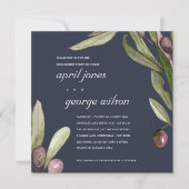 ネイビーオリーブ水カラーパープル婚約招待状 サンキューカード (正面)