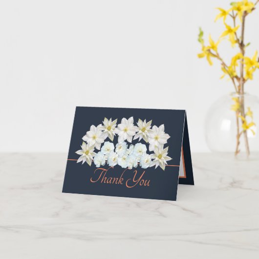 ネイビーオレンジかわいらしホワイトフラワーブーケありがとう カード (黄色い花)
