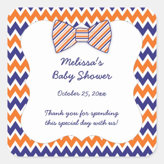 ネイビーオレンジシェブロン弓タイ男の子のシャワーの好意 スクエアシール (正面)