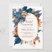 ネイビーオレンジモダンエレガントフローラブライダルシャワー 招待状 (正面)