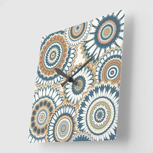 ネイビーオレン数々のジマンダラデザイン スクエア壁時計 (傾斜)