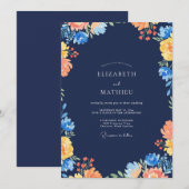 ネイビーオーカーの野生の花の結婚式 招待状 (正面/裏面)