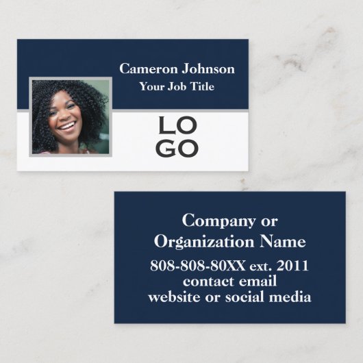 ネイビーカスタムブルーのロゴ付き写真 名刺 (正面/裏面)