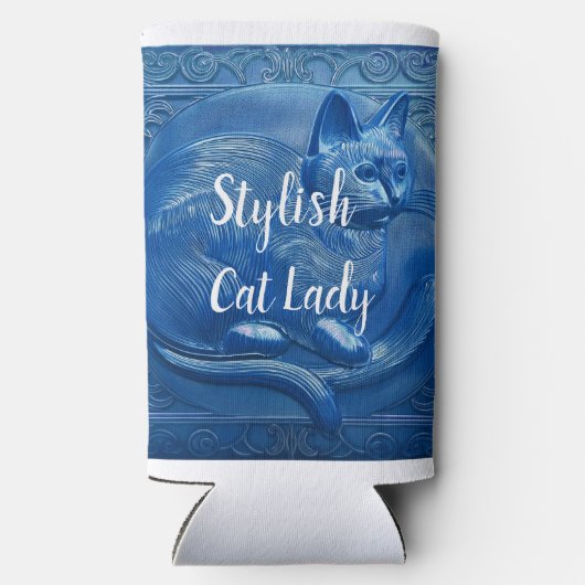 ネイビーカスタムブルーアールヌーボーキャットスタイリッシュキャットレディ スリム缶クーラー (裏面)