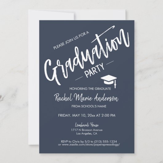 ネイビーカスタムブルーミニマリスト卒業パーティー 招待状 (正面)