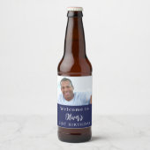 ネイビーカスタムブルー写真歓迎誕生日 ビールラベル (正面)