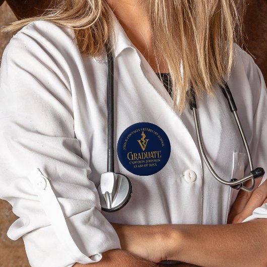 ネイビーカスタムブルー金ゴールド獣医学校卒業 缶バッジ