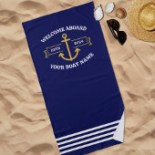 ネイビーカスタムブルー&金ゴールドに乗って歓迎ボート名 ビーチタオル