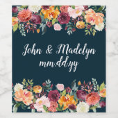 ネイビーカスタム秋ボホ結婚の水色フローラ ワインラベル (シングルラベル)