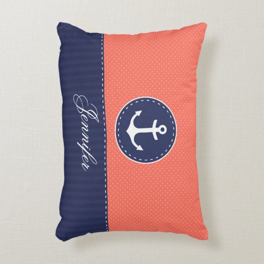 ネイビーカッコいいブルーコーラルいかりパーソナライズされた文字 アクセントクッション (正面(垂直))