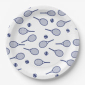 ネイビーカッコいいブルーレトロテニスラックパターン ペーパープレート (正面)