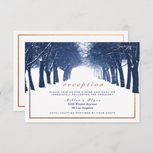 ネイビーカッパーウィンターツリーズアベニューウェディングレセプション エンクロージャーカード (正面/裏面)