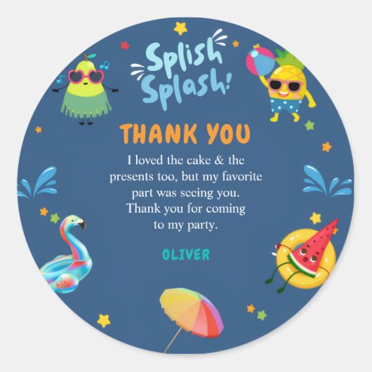 ネイビーカラフルサマープール誕生日ありがとう ラウンドシール (正面)