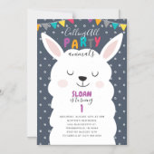 ネイビーカラフルラマおもしろいフィエスタバースデーパーティー マグネット招待状 (正面)