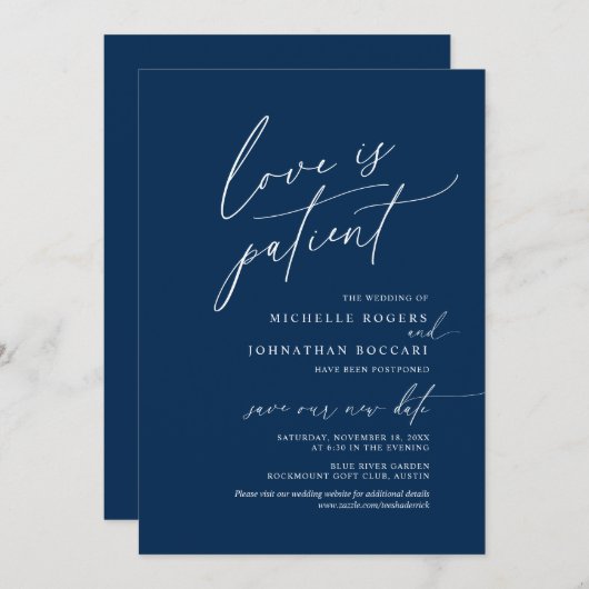 ネイビーカラーのシンプルなデザインのウェディング延期のお知らせカード(愛の忍耐)です。結婚式を延期す 招待状 (正面/裏面)