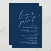 ネイビーカラーのシンプルなデザインのウェディング延期のお知らせカード（愛の忍耐） 結婚式延期 招待状 (正面/裏面)