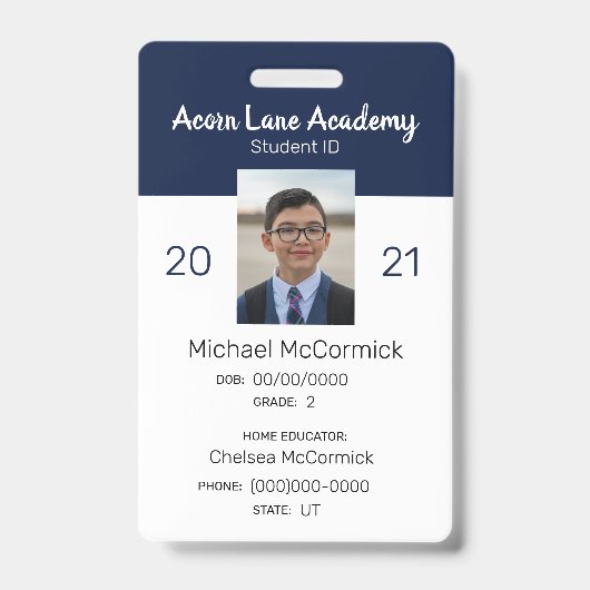 ネイビーカラーの清潔なホームスクール学生IDバッジ バッジ (正面)