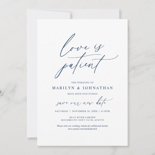 ネイビーカラー、愛は忍耐強く、結婚式延期のお知らせ 招待状 (正面)