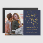 ネイビーカリグラフィー写真Save the Dateマグネット マグネット招待状 (正面/裏面)