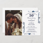 ネイビーカントリーフローラ結婚50周年記念写真 招待状 (正面/裏面)