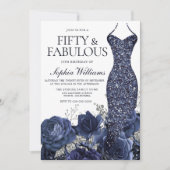 ネイビーガウン&フローラフィフティ&ファブラス50誕生日 招待状 (正面)