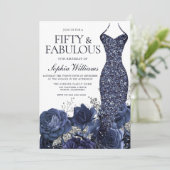 ネイビーガウン&フローラフィフティ&ファブラス50誕生日 招待状 (スタンド正面)