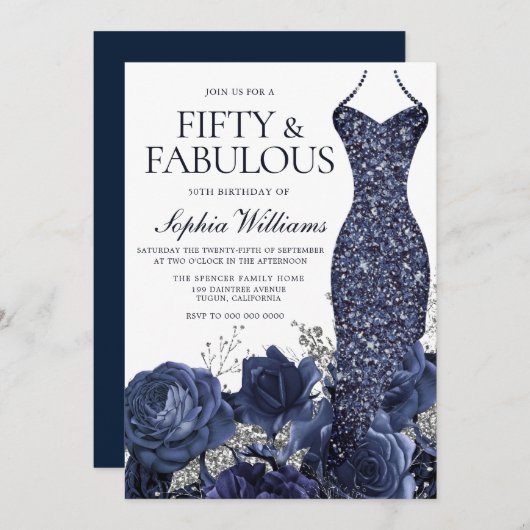 ネイビーガウン&フローラフィフティ&ファブラス50誕生日 招待状 (正面/裏面)