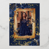 ネイビーキンセアニェラフォトバラ金ゴールド蝶 箔招待状 (正面)