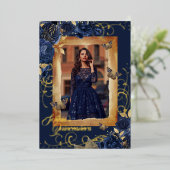 ネイビーキンセアニェラフォトバラ金ゴールド蝶 箔招待状 (立ち正面)