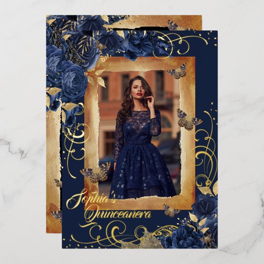 ネイビーキンセアニェラフォトバラ金ゴールド蝶 箔招待状 (正面/裏面)