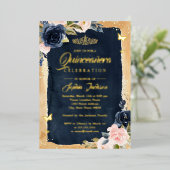 ネイビーキンセアニェラフローラスパークル金ゴールドティアラ 箔招待状 (立ち正面)