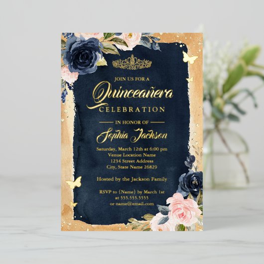 ネイビーキンセアニェラフローラスパークル金ゴールドティアラ 箔招待状 (立ち正面)