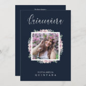 ネイビーキンセニェラピンクトレンディーガーランドフォト 招待状 (正面/裏面)