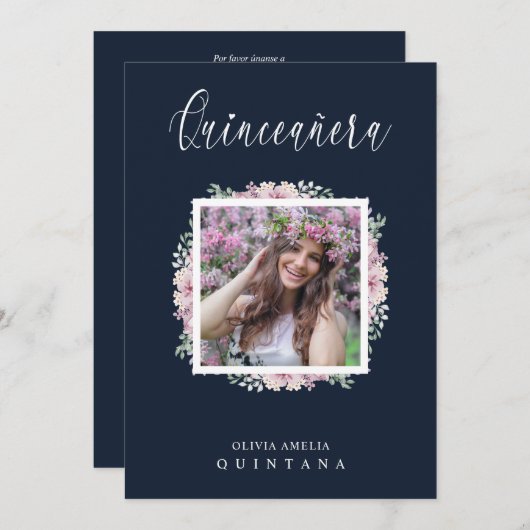 ネイビーキンセニェラピンクトレンディーガーランドフォト 招待状 (正面/裏面)