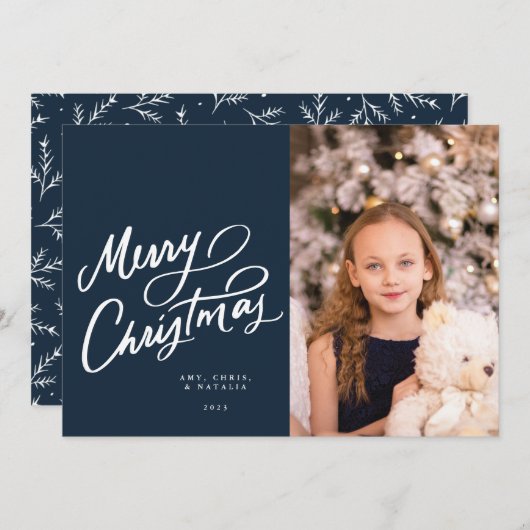 ネイビークラシックハンドレターメリークリスマス シーズンカード (正面/裏面)