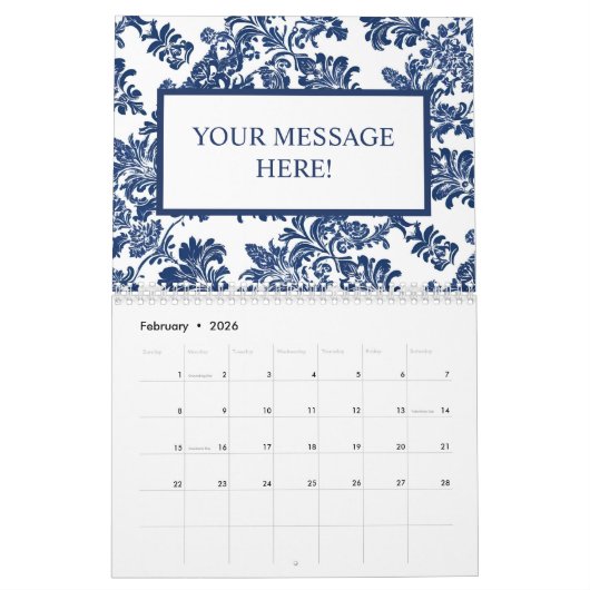ネイビークラシックブルーダマスクパターン カレンダー (2月 2026)