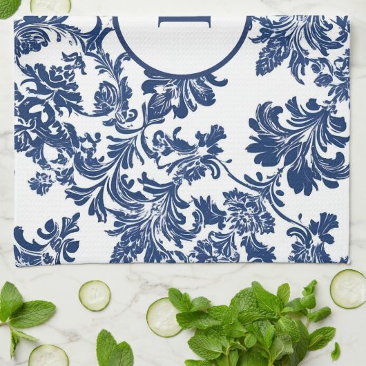 ネイビークラシックブルーダマスクパターン キッチンタオル (折り畳み)