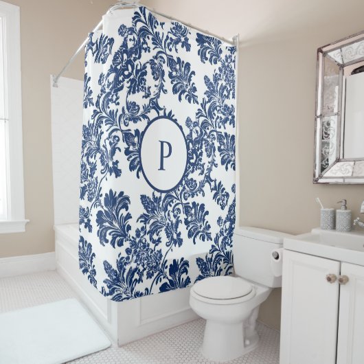 ネイビークラシックブルーダマスクパターン シャワーカーテン (インサイチュ)