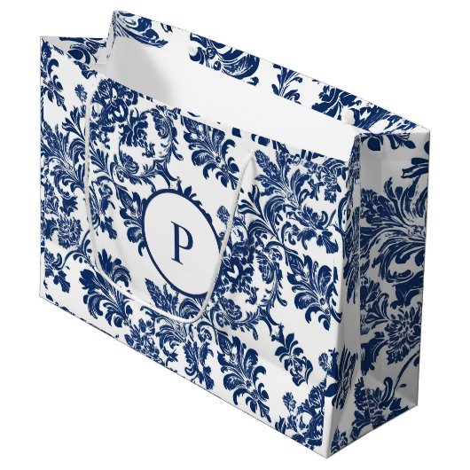 ネイビークラシックブルーダマスクパターン ラージペーパーバッグ (正面アングル)