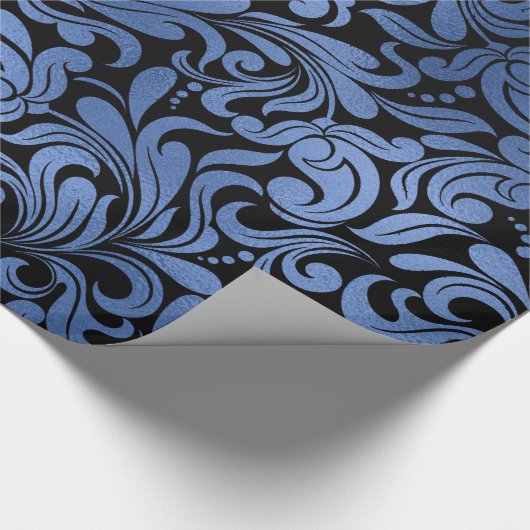 ネイビークラシックブルーメタルフォイルスワーズダマスク ラッピングペーパー (角)
