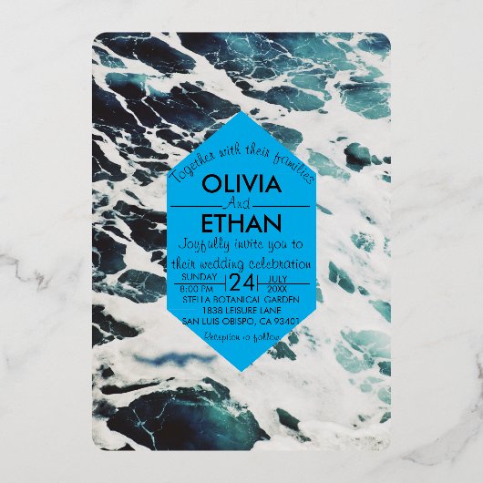 ネイビークラシックブルー沿岸結婚のフォイル招待状 箔招待状 (正面)