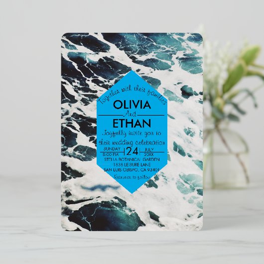 ネイビークラシックブルー沿岸結婚のフォイル招待状 箔招待状 (立ち正面)