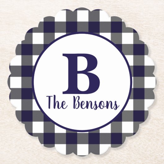 ネイビークラシックホワイトモノグラムバッファロープレイド ペーパーコースター (正面)