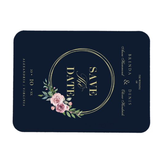 ネイビークラシックロマンエレガントクピンクフローラリース マグネット (横)