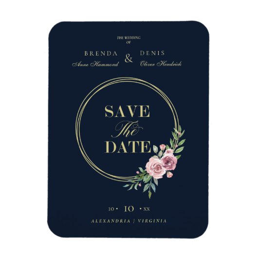 ネイビークラシックロマンエレガントクピンクフローラリース マグネット (縦)