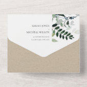 ネイビークラフトグリーン葉の熱帯結婚葉 オールインワン招待状 (裏面)