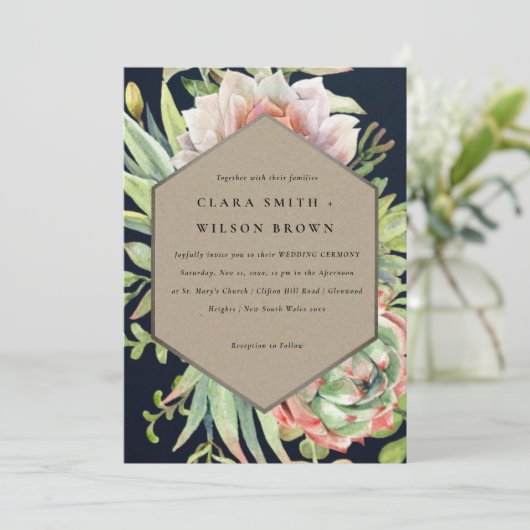 ネイビークラフト砂漠の多肉性のサボテンの結婚葉 招待状 (スタンド正面)